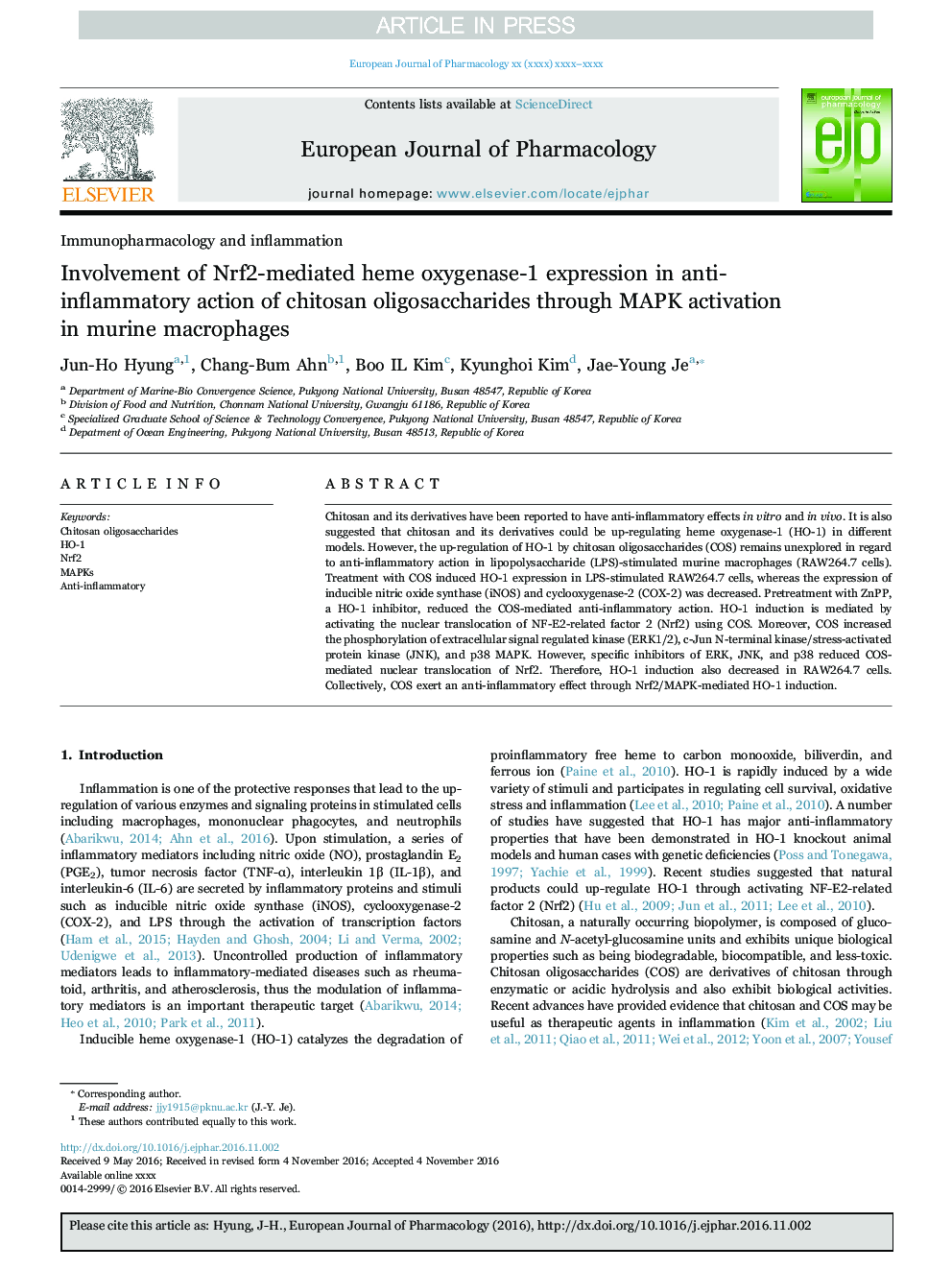 Involvement of Nrf2-mediated heme oxygenase-1 expression in anti-inflammatory action of chitosan oligosaccharides through MAPK activation in murine macrophages