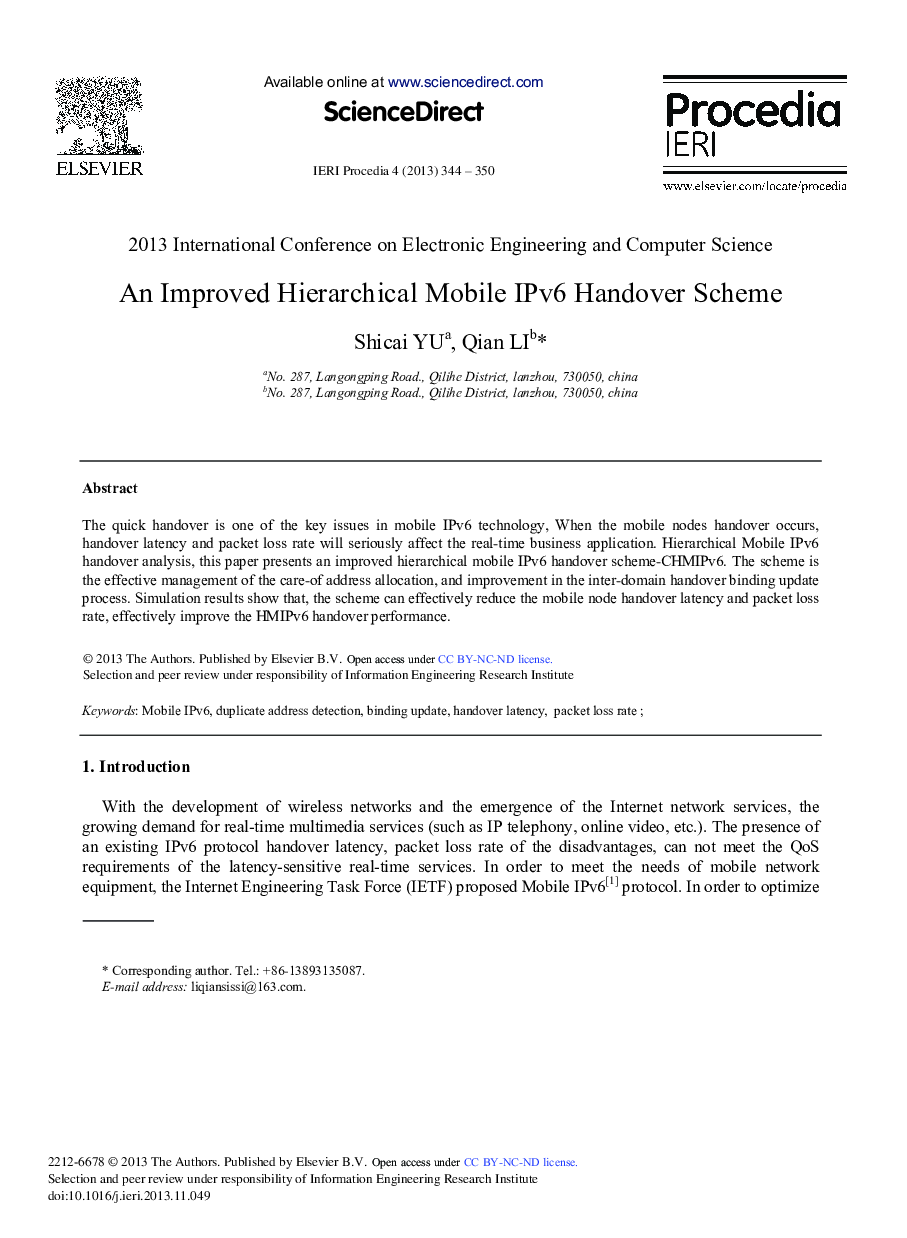 عکس صفحه اول مقاله: An Improved Hierarchical Mobile IPv6 Handover Scheme An Improved Hierarchical Mobile IPv6 Handover Scheme