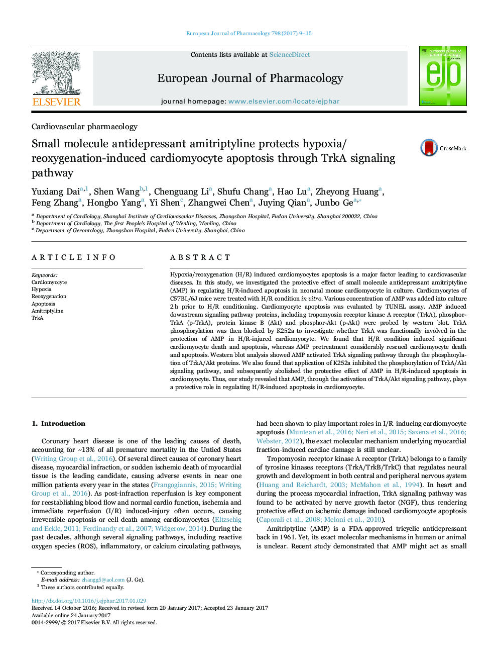 Small molecule antidepressant amitriptyline protects hypoxia/reoxygenation-induced cardiomyocyte apoptosis through TrkA signaling pathway