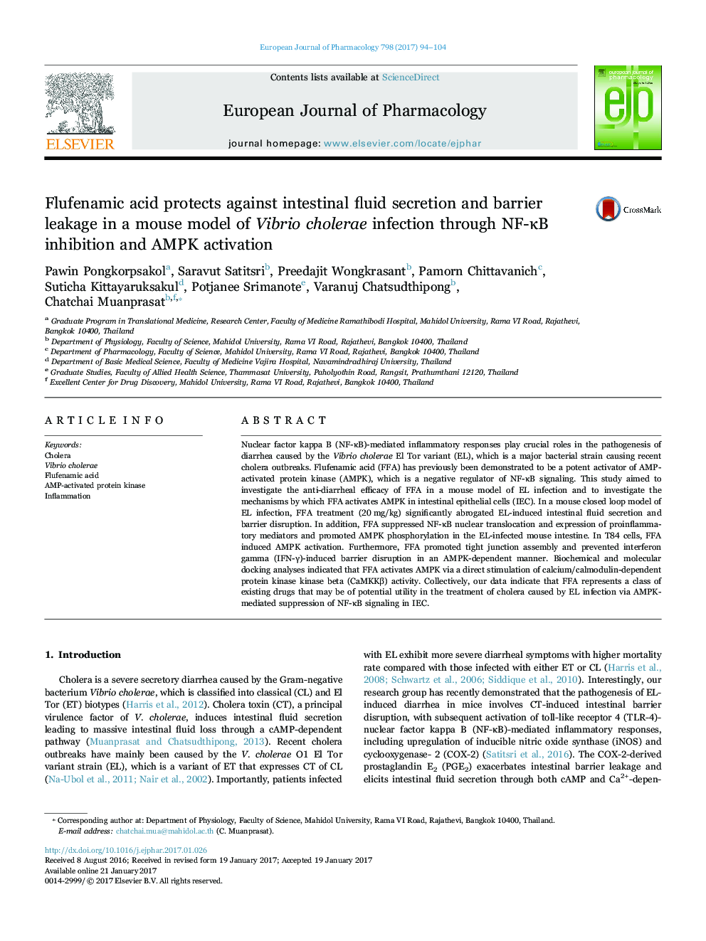 Flufenamic acid protects against intestinal fluid secretion and barrier leakage in a mouse model of Vibrio cholerae infection through NF-ÎºB inhibition and AMPK activation