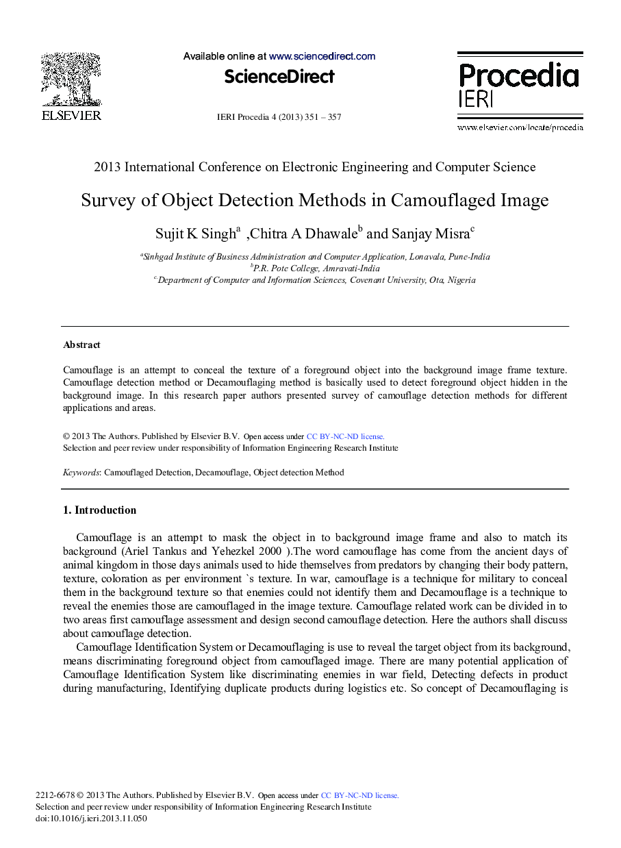 Survey of Object Detection Methods in Camouflaged Image 