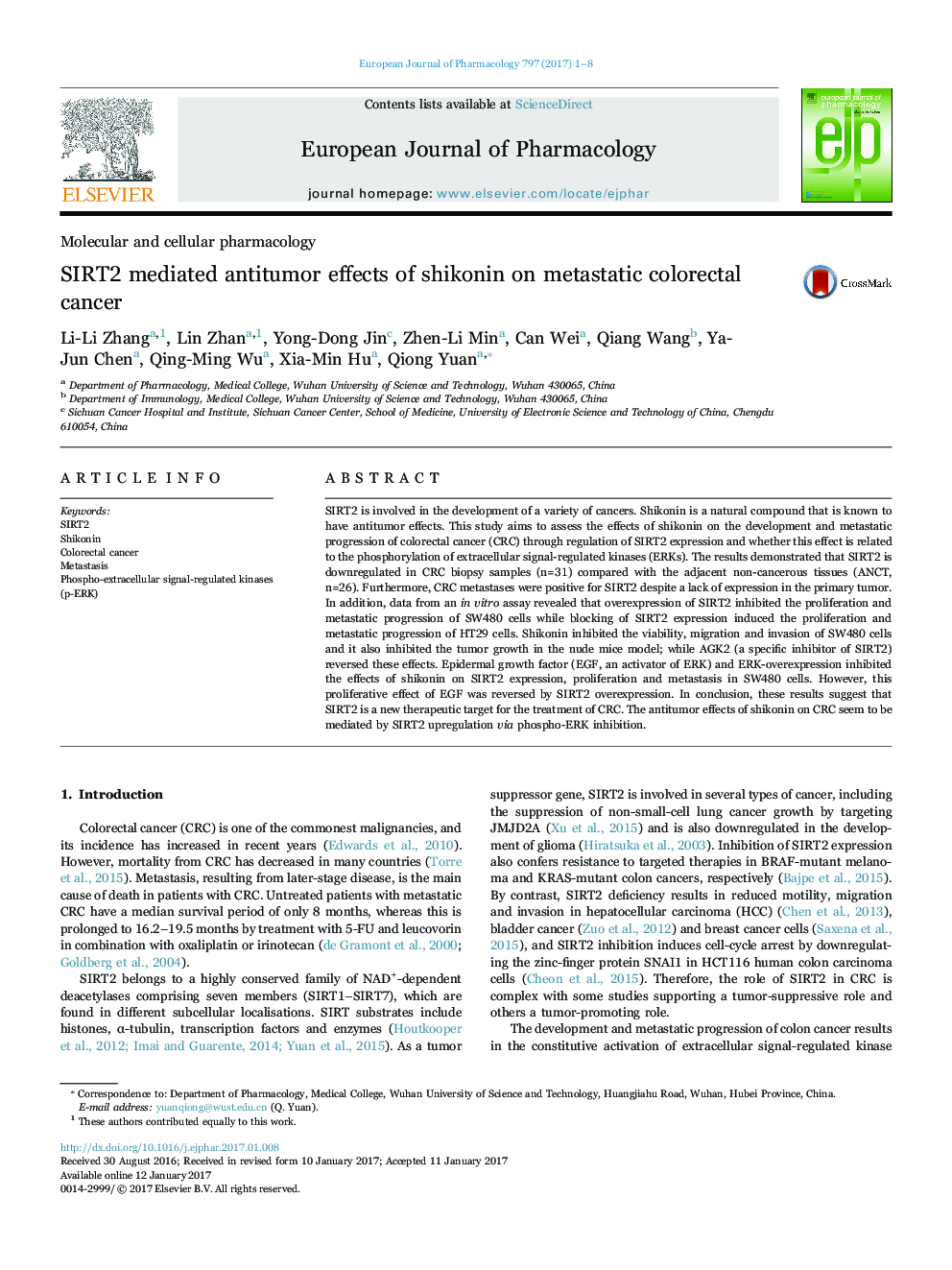 SIRT2 mediated antitumor effects of shikonin on metastatic colorectal cancer