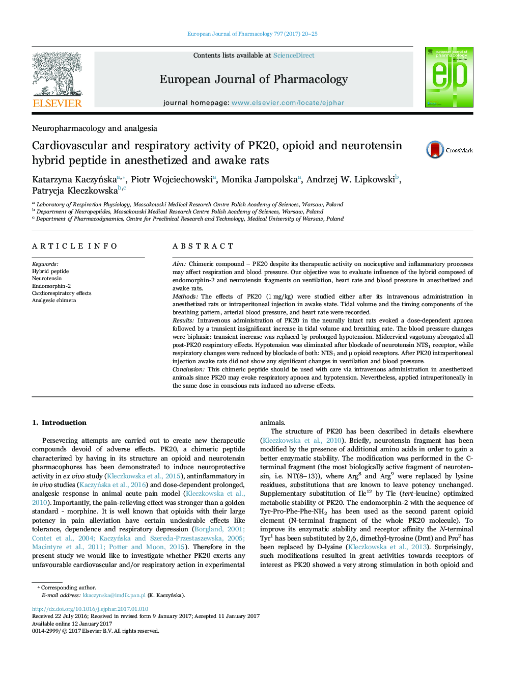 Cardiovascular and respiratory activity of PK20, opioid and neurotensin hybrid peptide in anesthetized and awake rats