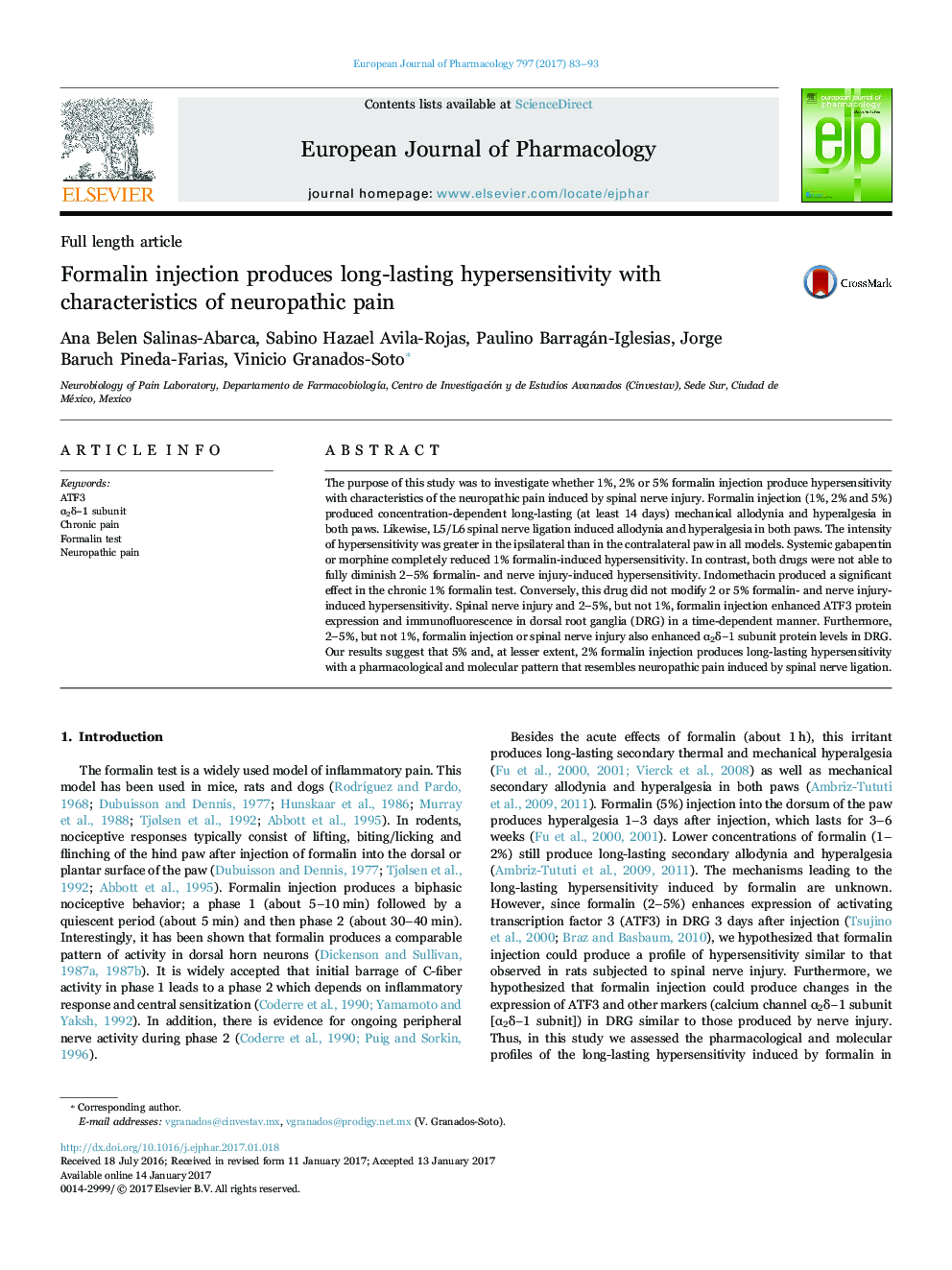 Formalin injection produces long-lasting hypersensitivity with characteristics of neuropathic pain