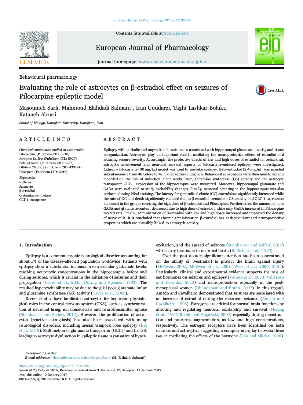 Evaluating the role of astrocytes on Î²-estradiol effect on seizures of Pilocarpine epileptic model