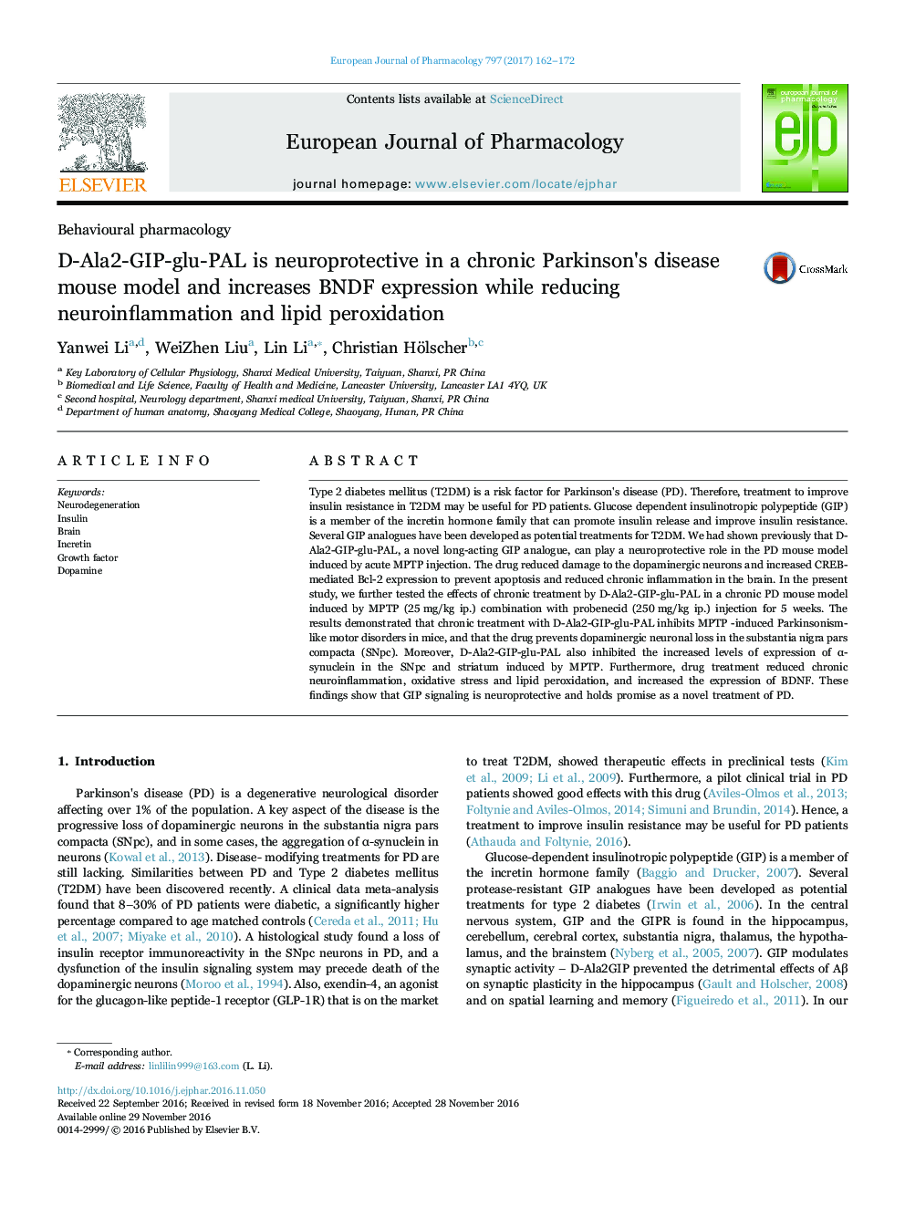 D-Ala2-GIP-glu-PAL is neuroprotective in a chronic Parkinson's disease mouse model and increases BNDF expression while reducing neuroinflammation and lipid peroxidation