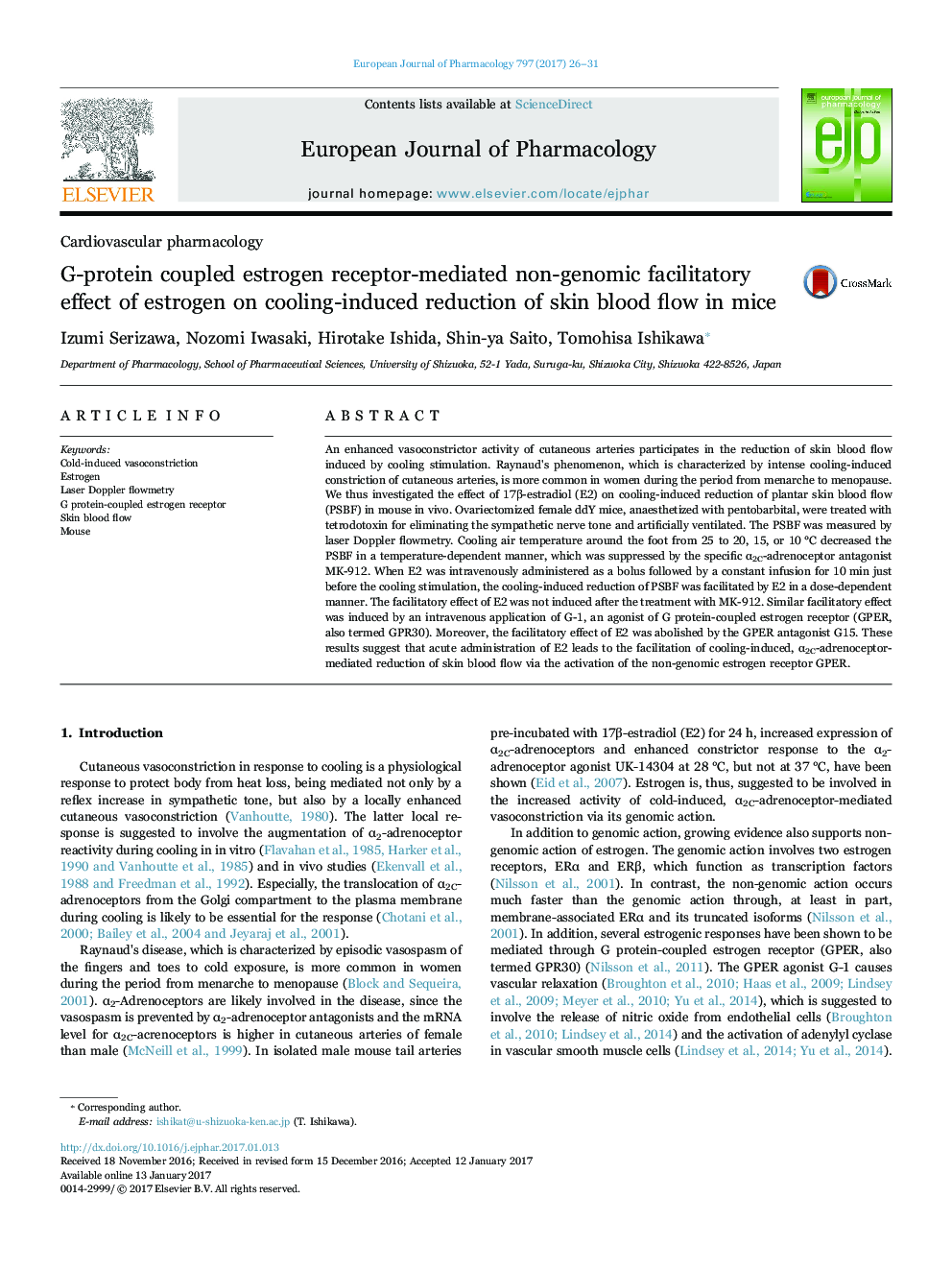 G-protein coupled estrogen receptor-mediated non-genomic facilitatory effect of estrogen on cooling-induced reduction of skin blood flow in mice