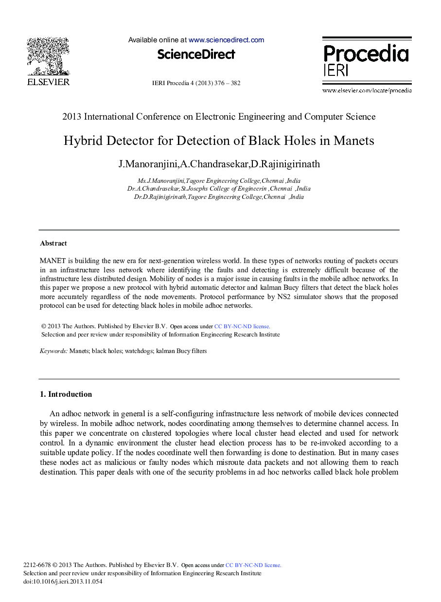 Hybrid Detector for Detection of Black Holes in Manets 