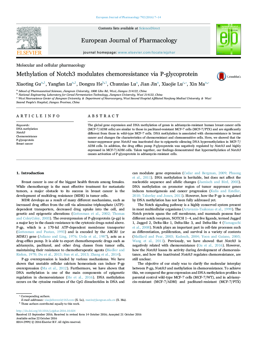 Methylation of Notch3 modulates chemoresistance via P-glycoprotein