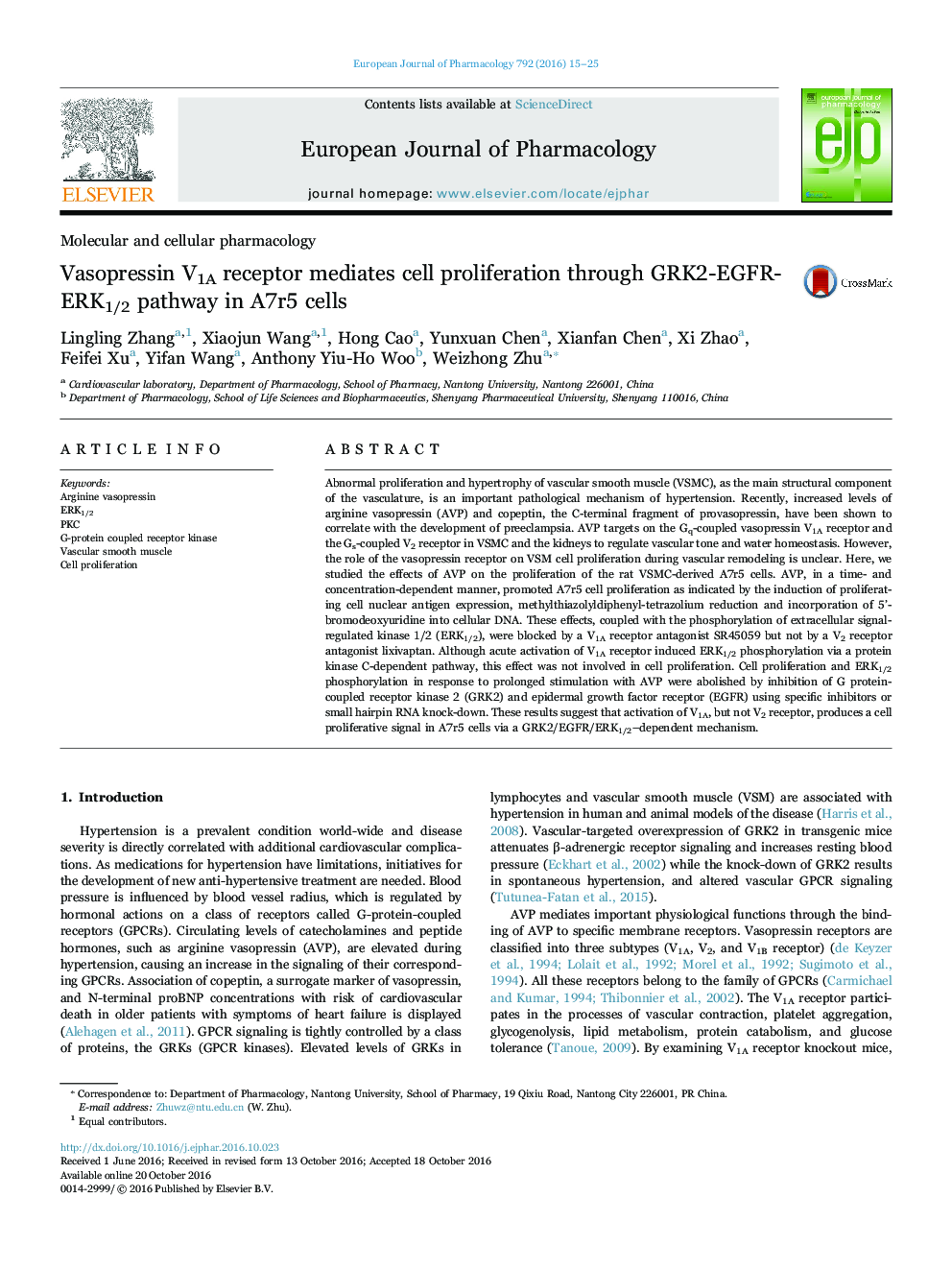 Vasopressin V1A receptor mediates cell proliferation through GRK2-EGFR-ERK1/2 pathway in A7r5 cells