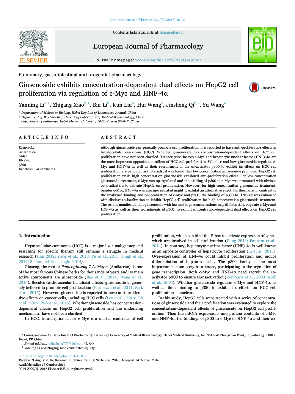 Ginsenoside exhibits concentration-dependent dual effects on HepG2 cell proliferation via regulation of c-Myc and HNF-4Î±