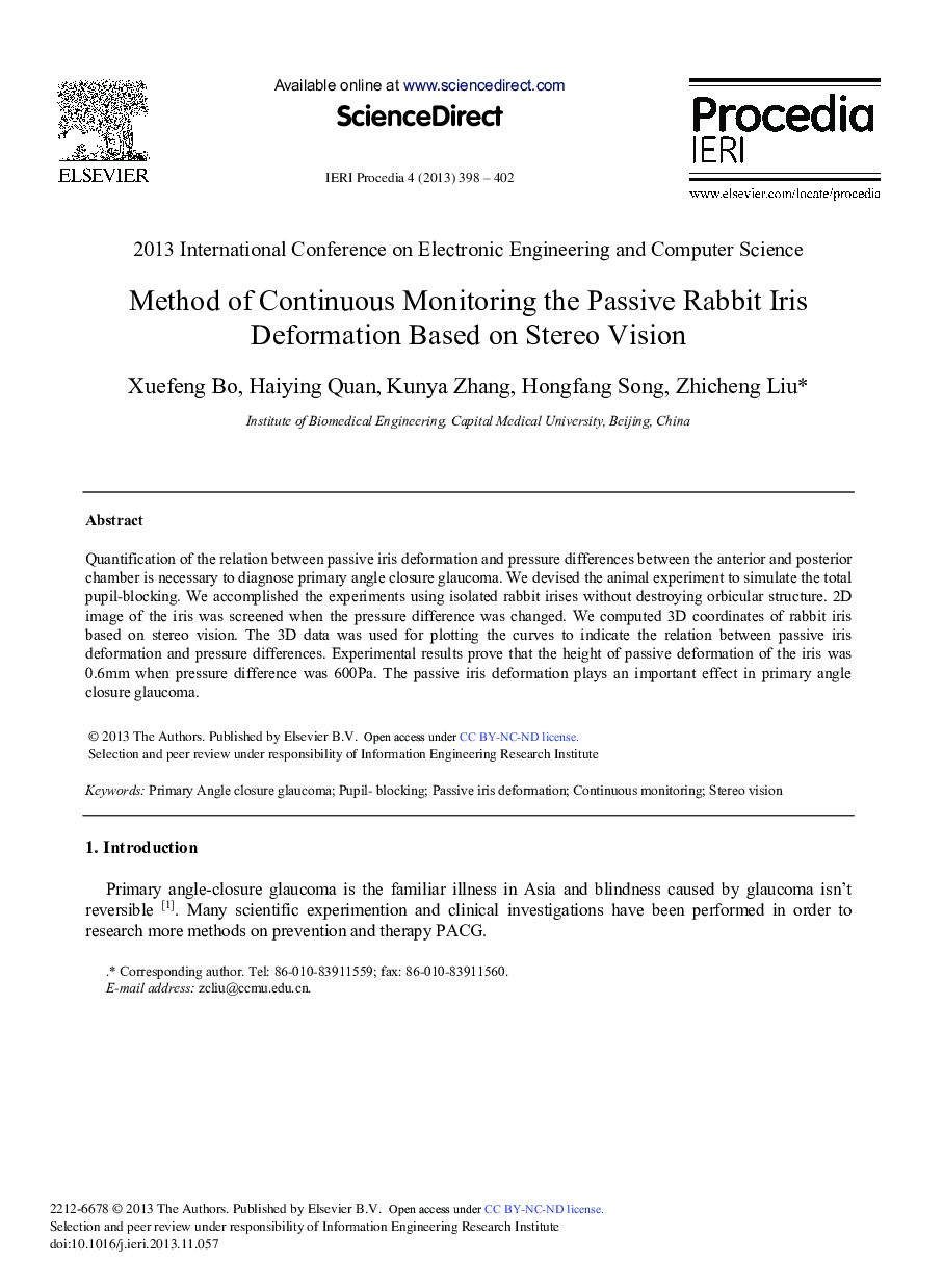 عکس صفحه اول مقاله: Method of Continuous Monitoring the Passive Rabbit Iris Deformation based on Stereo Vision Method of Continuous Monitoring the Passive Rabbit Iris Deformation based on Stereo Vision