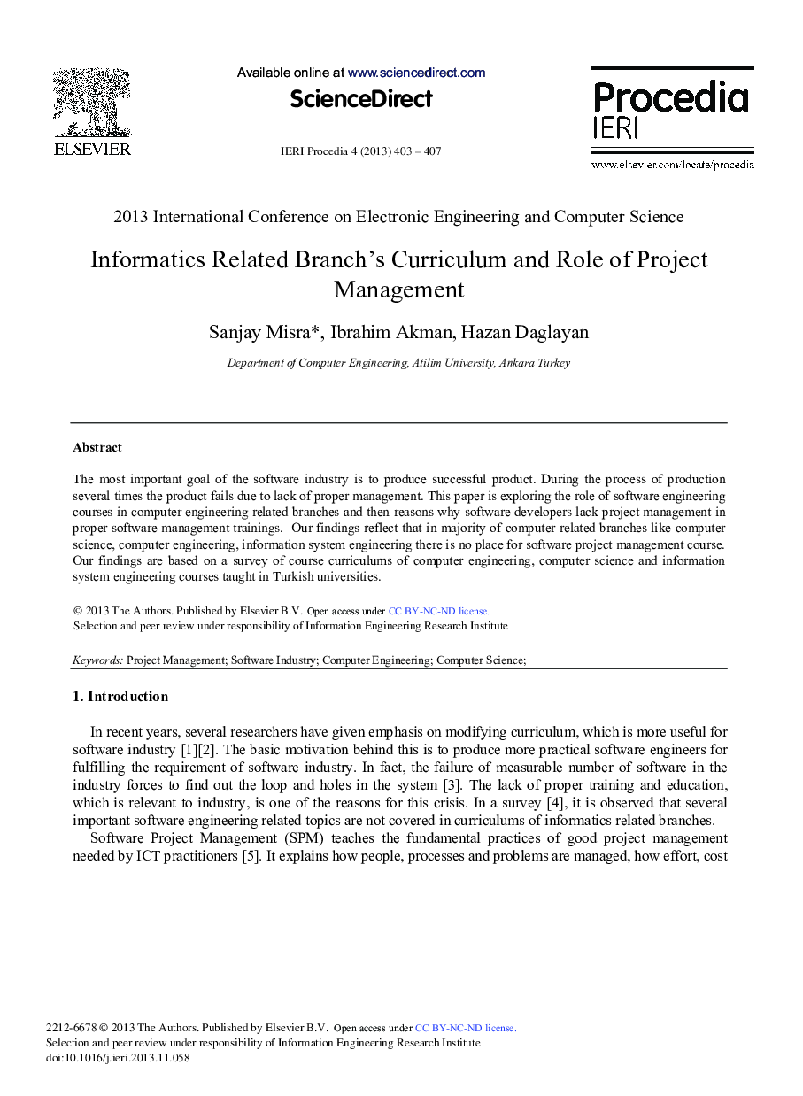 Informatics Related Branch's Curriculum and Role of Project Management 