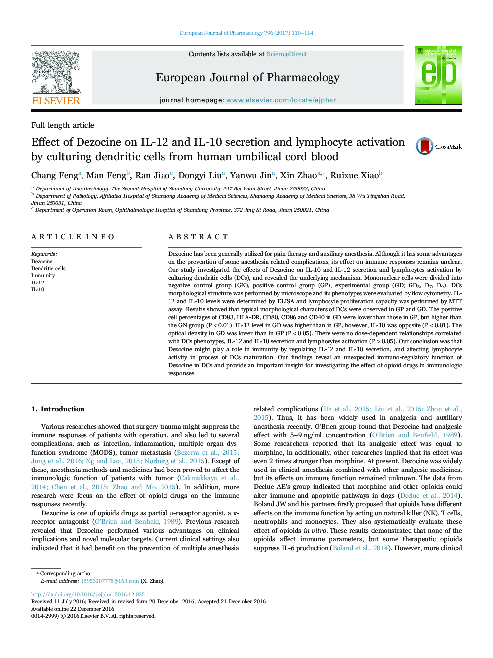 Effect of Dezocine on IL-12 and IL-10 secretion and lymphocyte activation by culturing dendritic cells from human umbilical cord blood