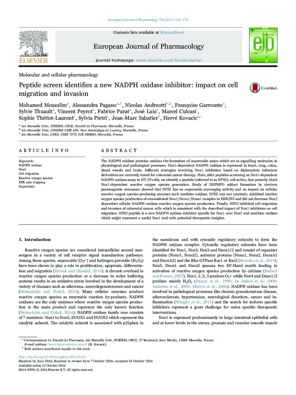 Peptide screen identifies a new NADPH oxidase inhibitor: impact on cell migration and invasion