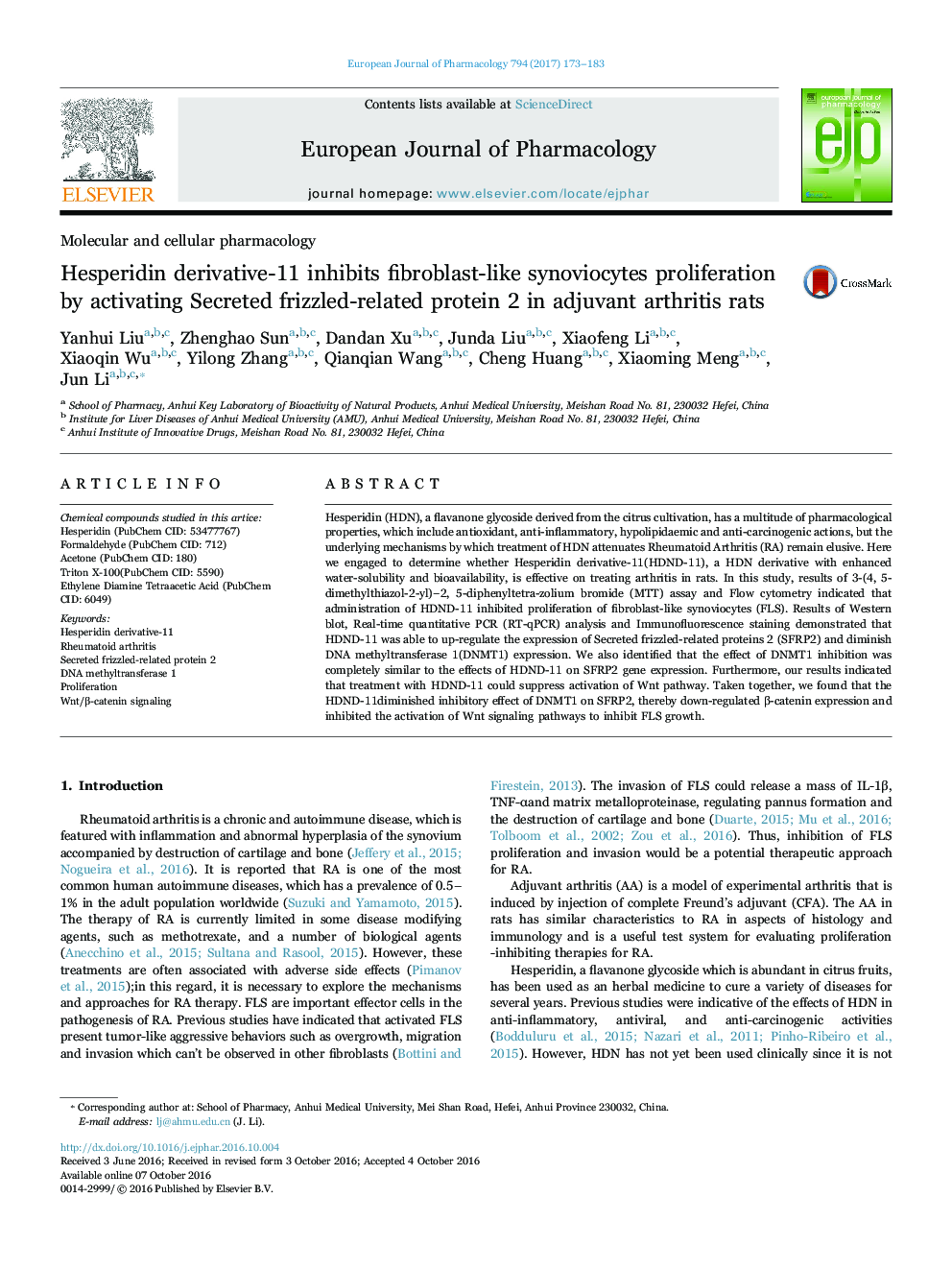 Hesperidin derivative-11 inhibits fibroblast-like synoviocytes proliferation by activating Secreted frizzled-related protein 2 in adjuvant arthritis rats