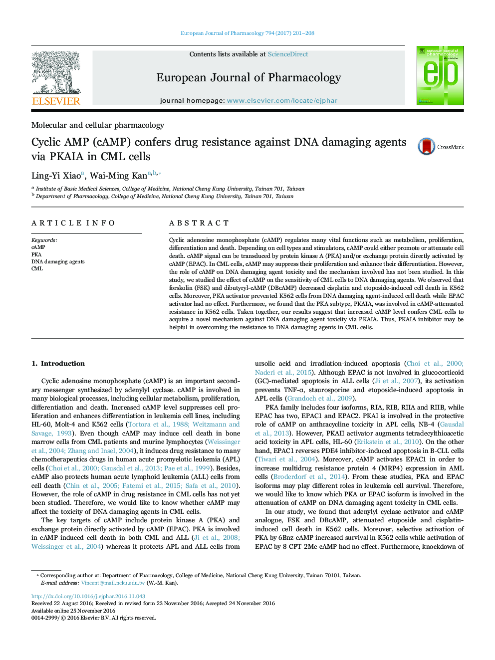 Cyclic AMP (cAMP) confers drug resistance against DNA damaging agents via PKAIA in CML cells