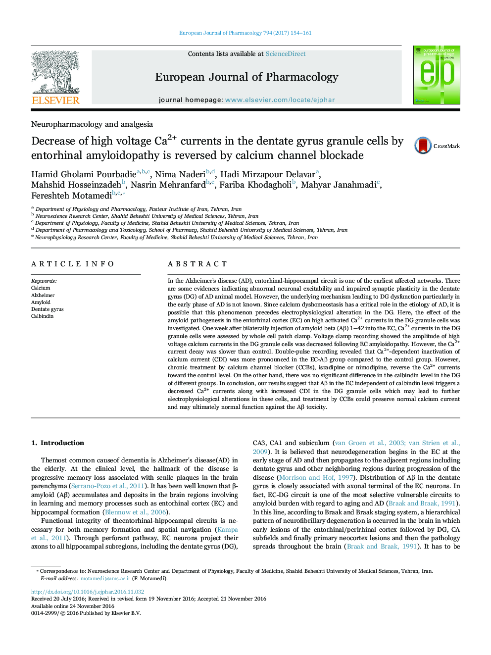 Decrease of high voltage Ca2+ currents in the dentate gyrus granule cells by entorhinal amyloidopathy is reversed by calcium channel blockade