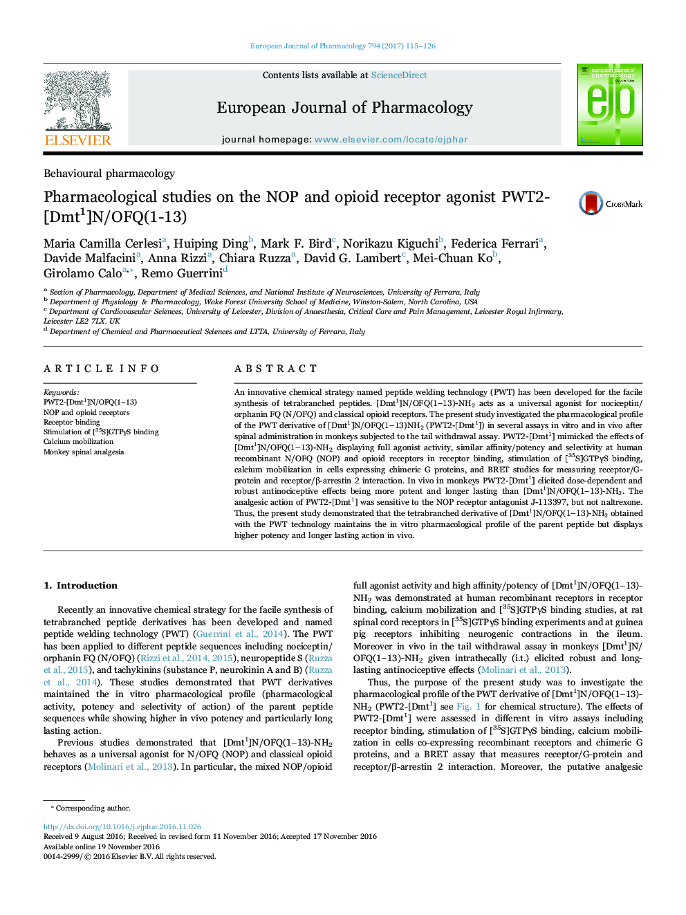 Pharmacological studies on the NOP and opioid receptor agonist PWT2-[Dmt1]N/OFQ(1-13)