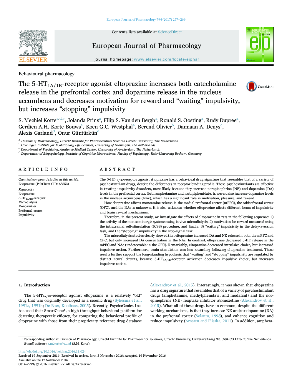 The 5-HT1A/1B-receptor agonist eltoprazine increases both catecholamine release in the prefrontal cortex and dopamine release in the nucleus accumbens and decreases motivation for reward and “waiting” impulsivity, but increases “stopping” impulsiv