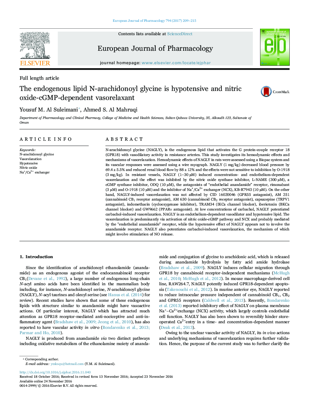 The endogenous lipid N-arachidonoyl glycine is hypotensive and nitric oxide-cGMP-dependent vasorelaxant