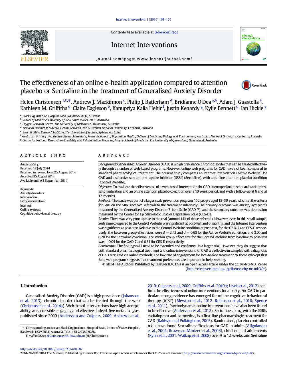 The effectiveness of an online e-health application compared to attention placebo or Sertraline in the treatment of Generalised Anxiety Disorder