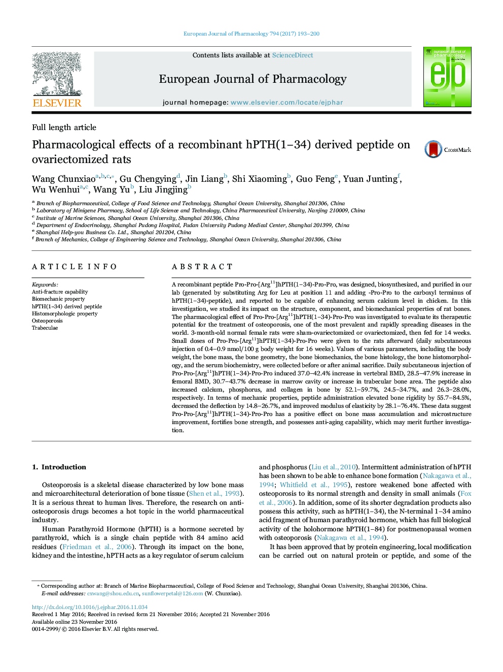 Pharmacological effects of a recombinant hPTH(1â34) derived peptide on ovariectomized rats