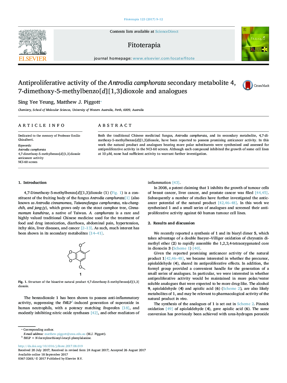 Antiproliferative activity of the Antrodia camphorata secondary metabolite 4,7-dimethoxy-5-methylbenzo[d][1,3]dioxole and analogues