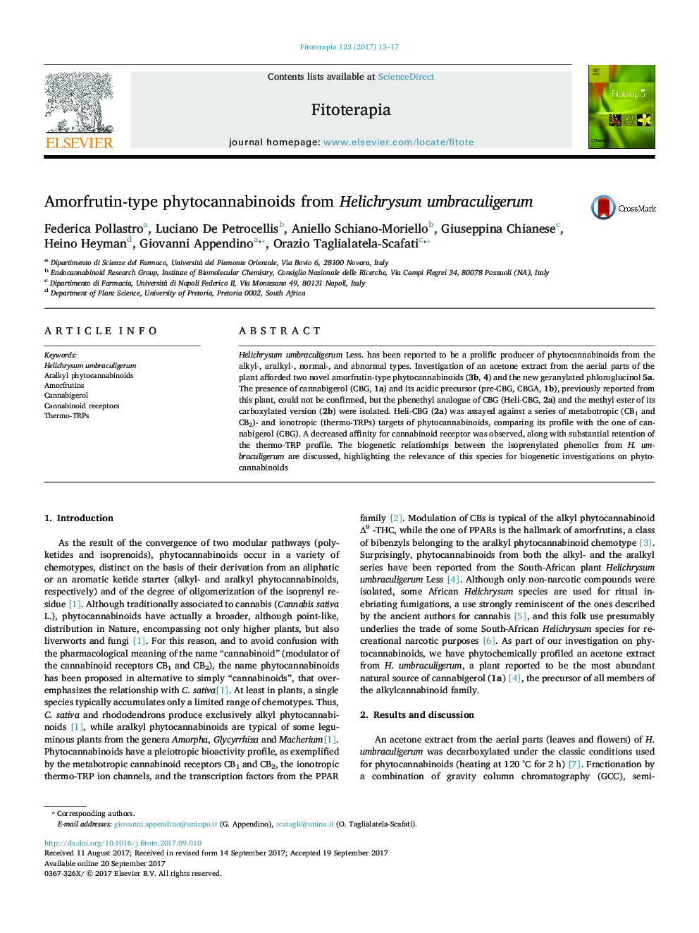 Amorfrutin-type phytocannabinoids from Helichrysum umbraculigerum