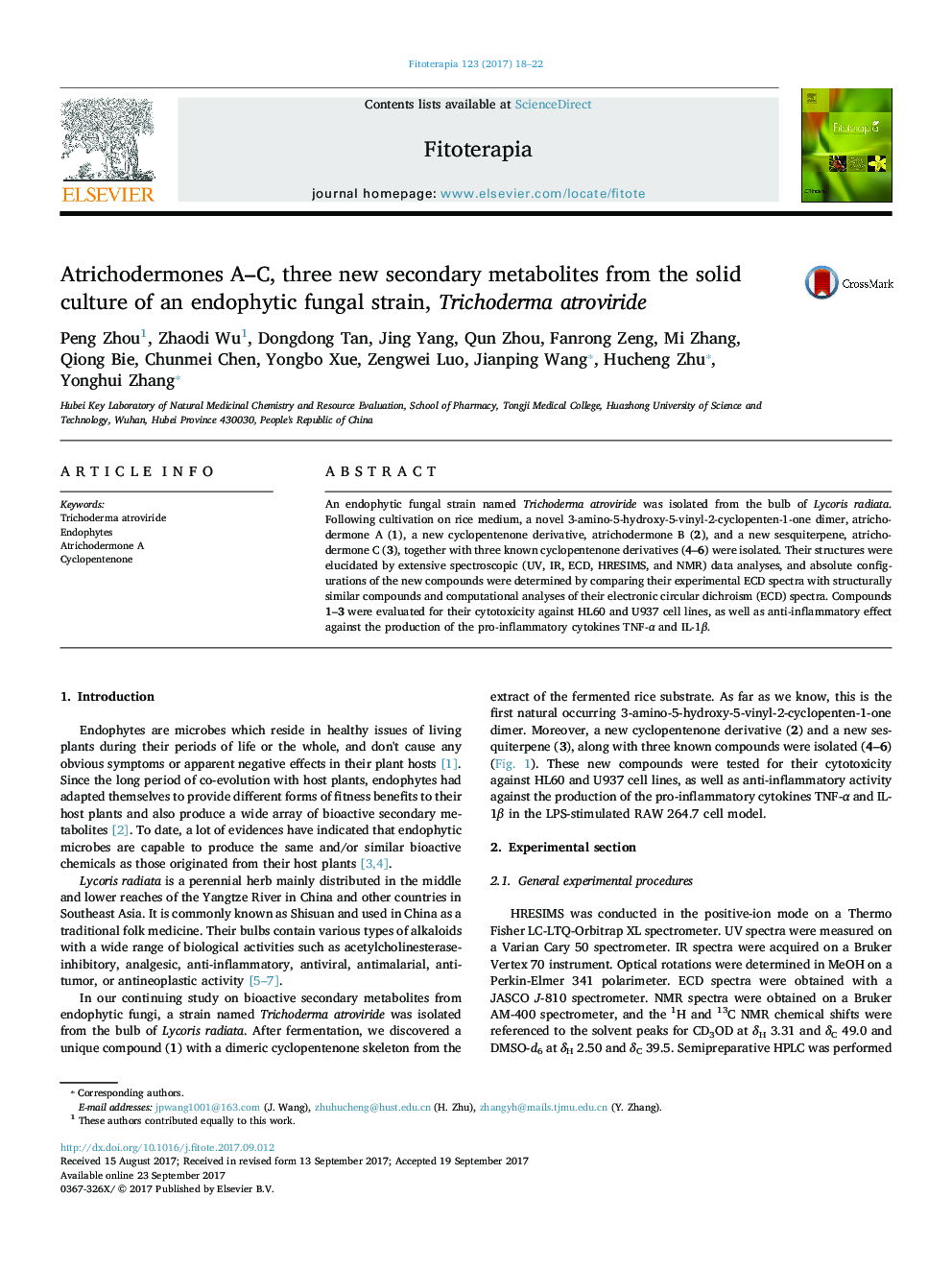 Atrichodermones A-C, three new secondary metabolites from the solid culture of an endophytic fungal strain, Trichoderma atroviride