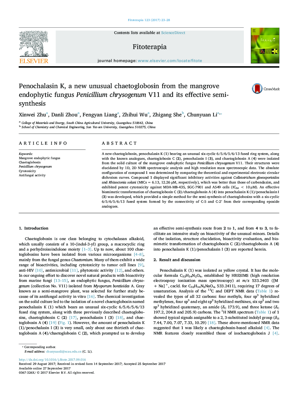 Penochalasin K, a new unusual chaetoglobosin from the mangrove endophytic fungus Penicillium chrysogenum V11 and its effective semi-synthesis