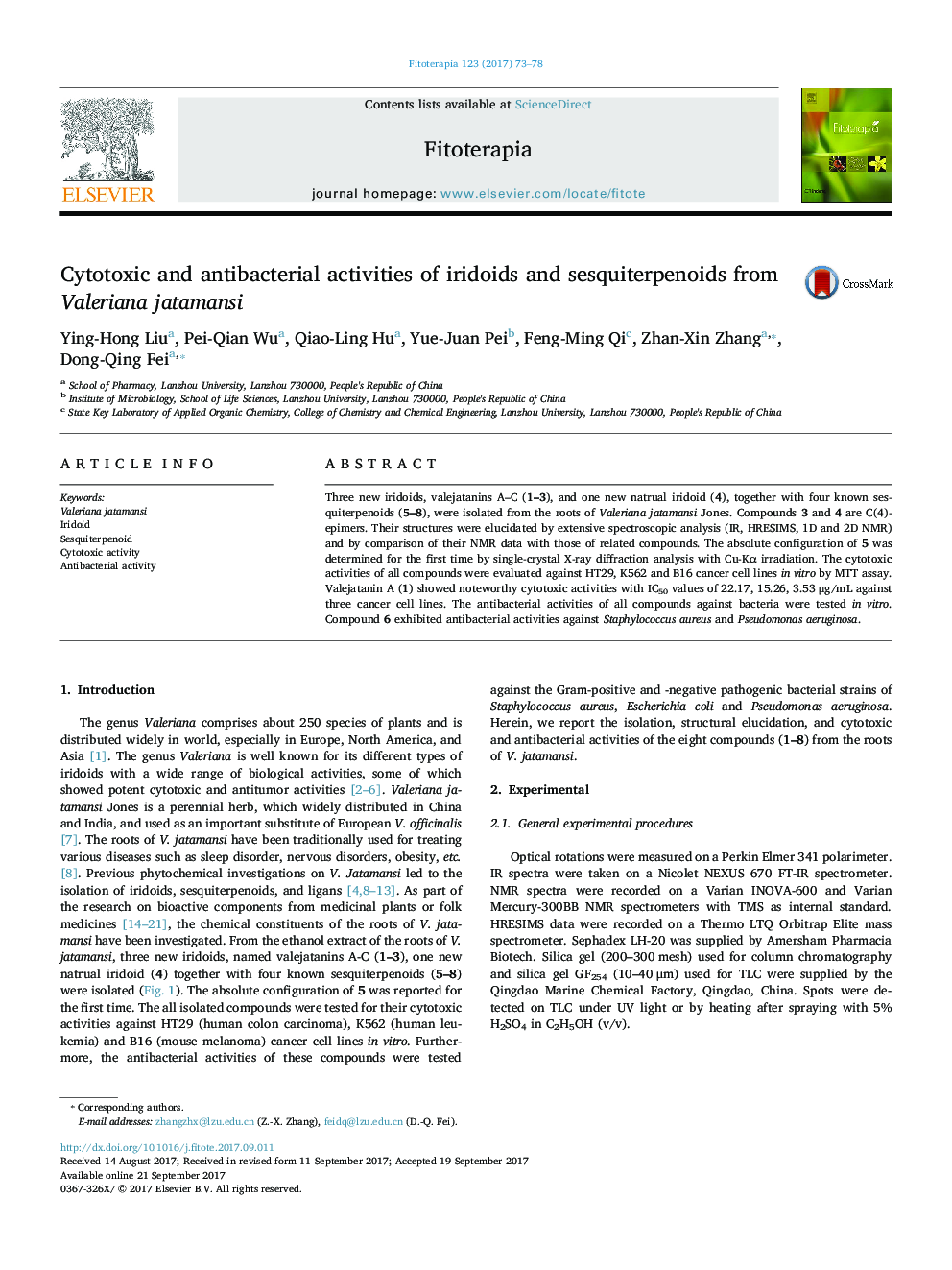 Cytotoxic and antibacterial activities of iridoids and sesquiterpenoids from Valeriana jatamansi