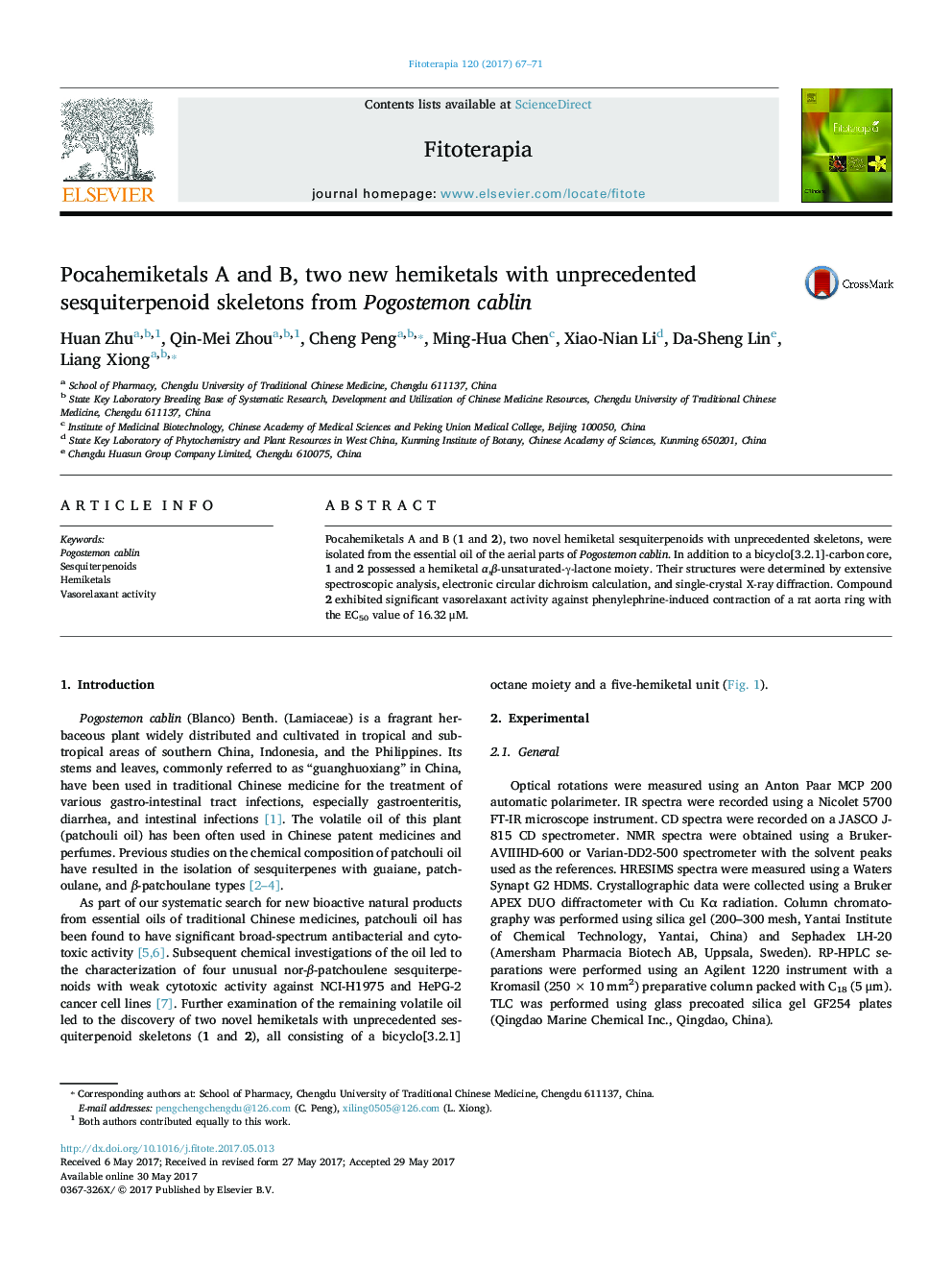 Pocahemiketals A and B, two new hemiketals with unprecedented sesquiterpenoid skeletons from Pogostemon cablin