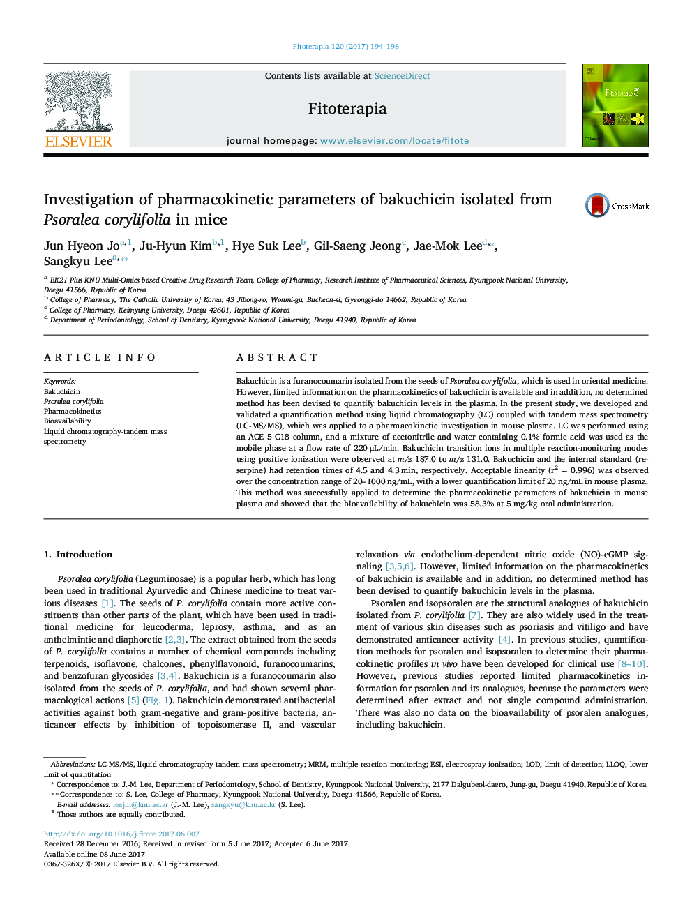 Investigation of pharmacokinetic parameters of bakuchicin isolated from Psoralea corylifolia in mice