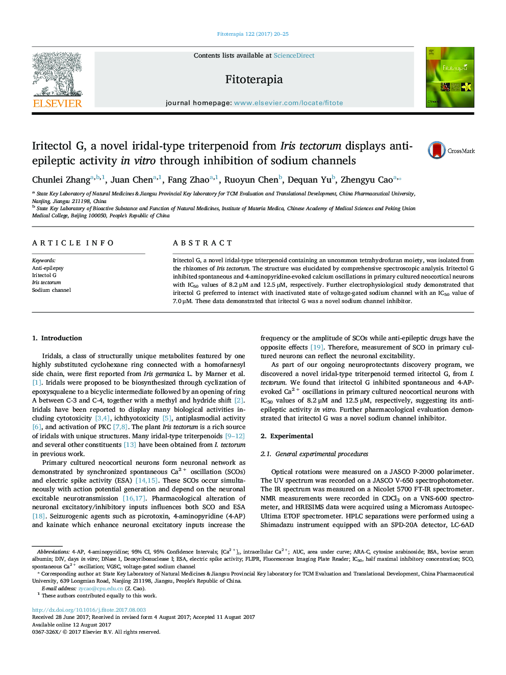 Iritectol G, a novel iridal-type triterpenoid from Iris tectorum displays anti-epileptic activity in vitro through inhibition of sodium channels