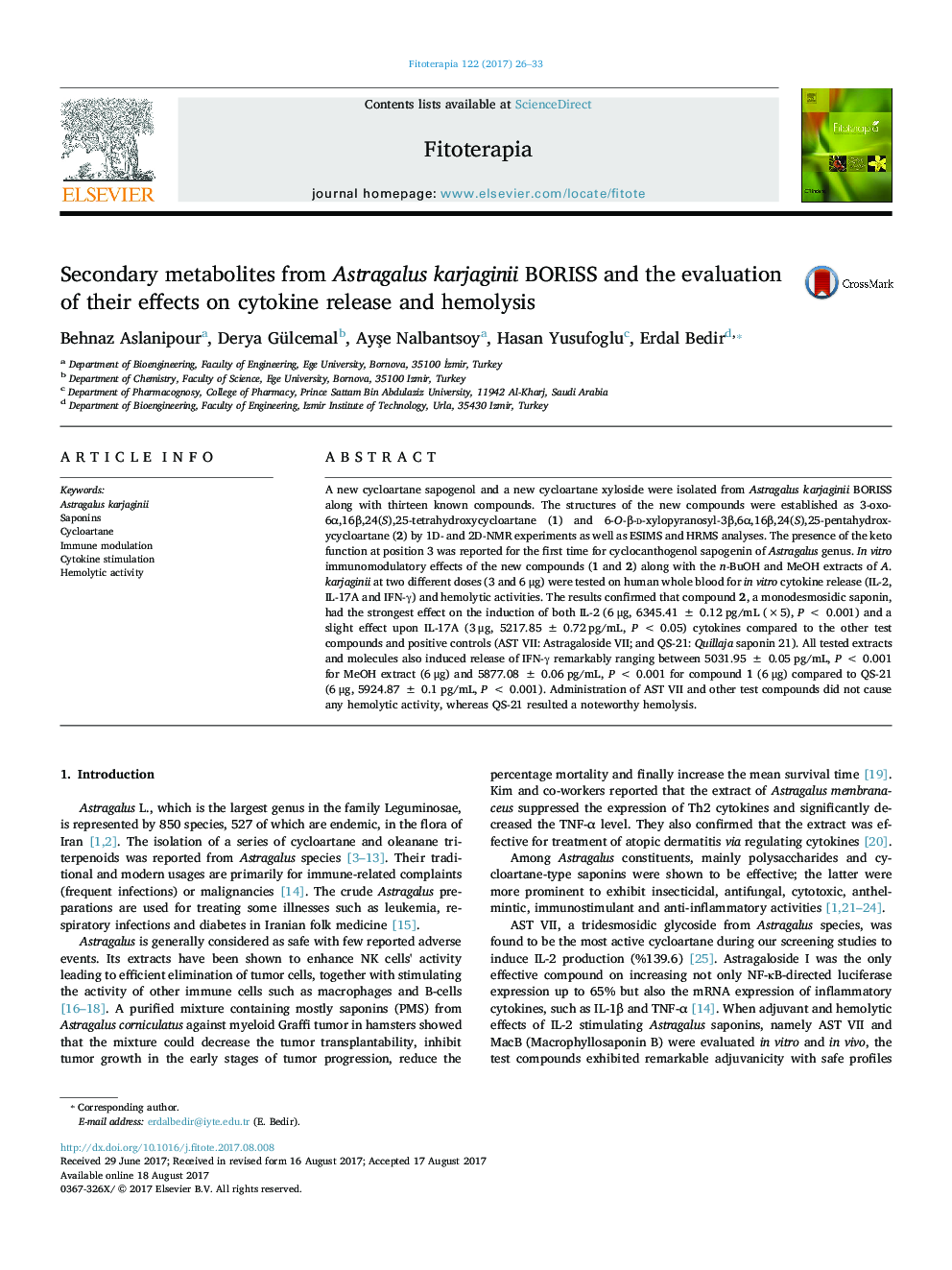 Secondary metabolites from Astragalus karjaginii BORISS and the evaluation of their effects on cytokine release and hemolysis