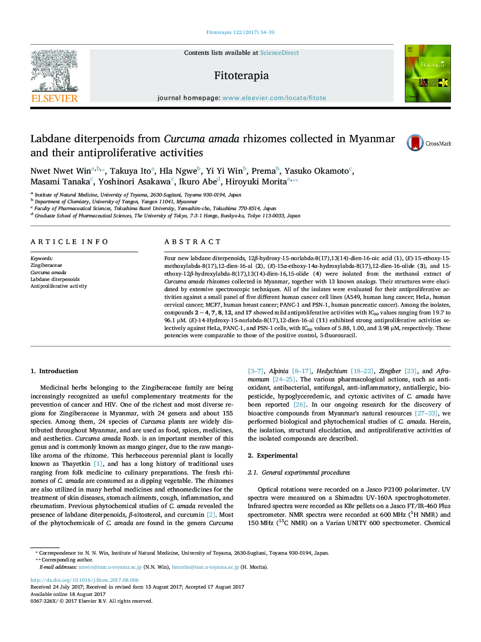 Labdane diterpenoids from Curcuma amada rhizomes collected in Myanmar and their antiproliferative activities