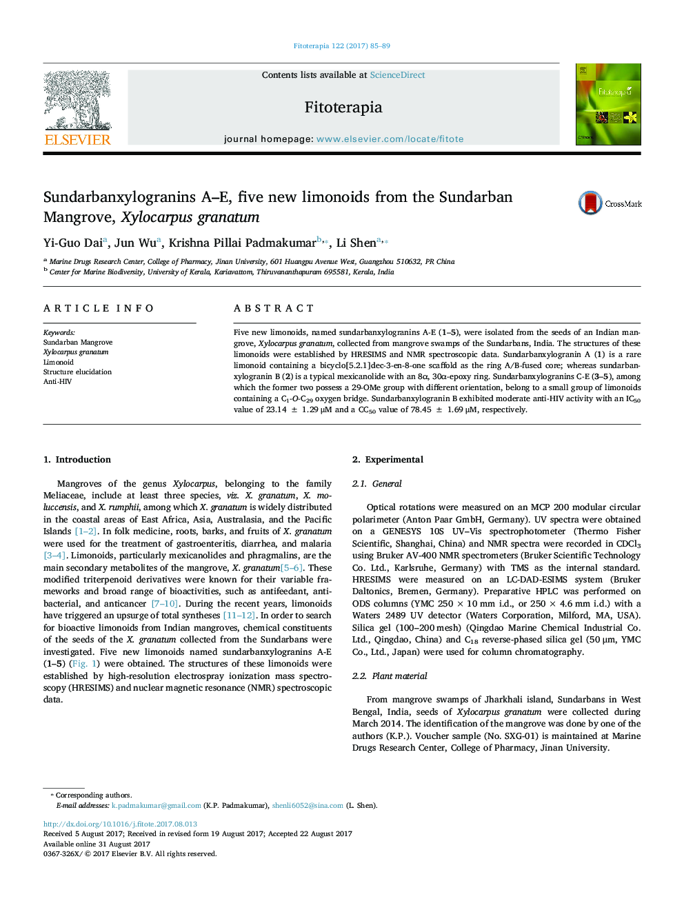 Sundarbanxylogranins A-E, five new limonoids from the Sundarban Mangrove, Xylocarpus granatum