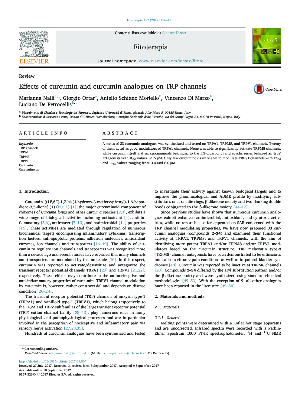 Effects of curcumin and curcumin analogues on TRP channels