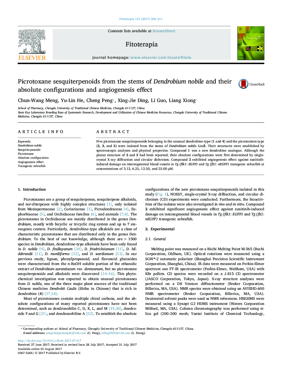 Picrotoxane sesquiterpenoids from the stems of Dendrobium nobile and their absolute configurations and angiogenesis effect