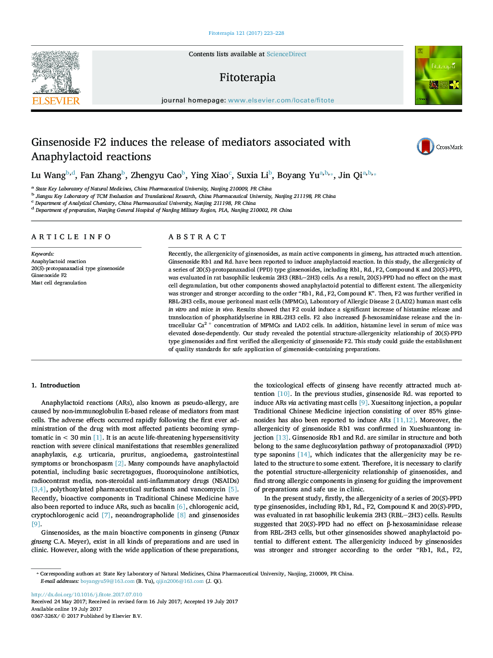 Ginsenoside F2 induces the release of mediators associated with Anaphylactoid reactions