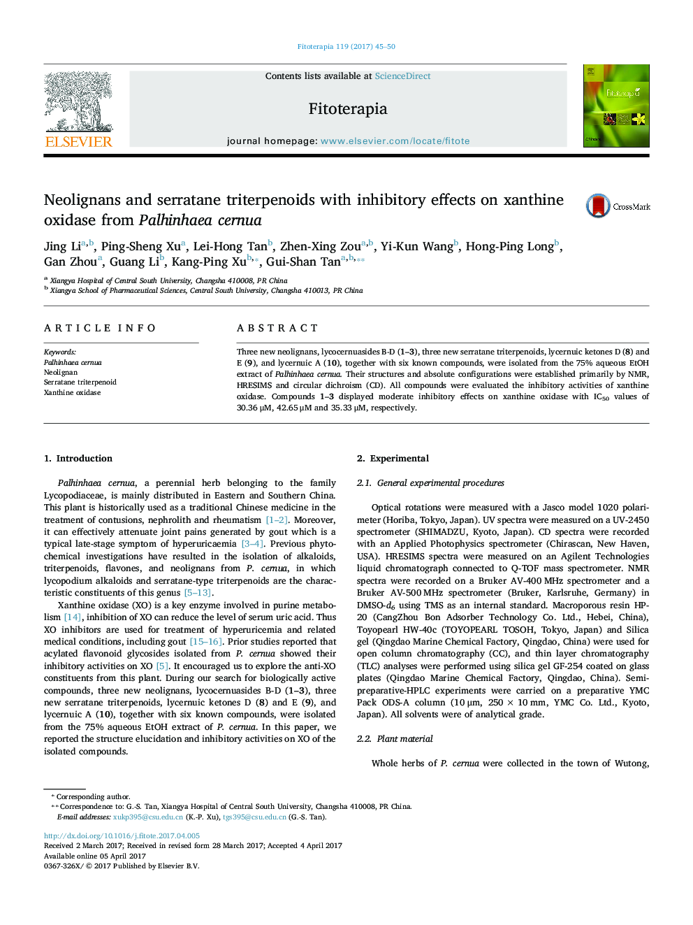 Neolignans and serratane triterpenoids with inhibitory effects on xanthine oxidase from Palhinhaea cernua