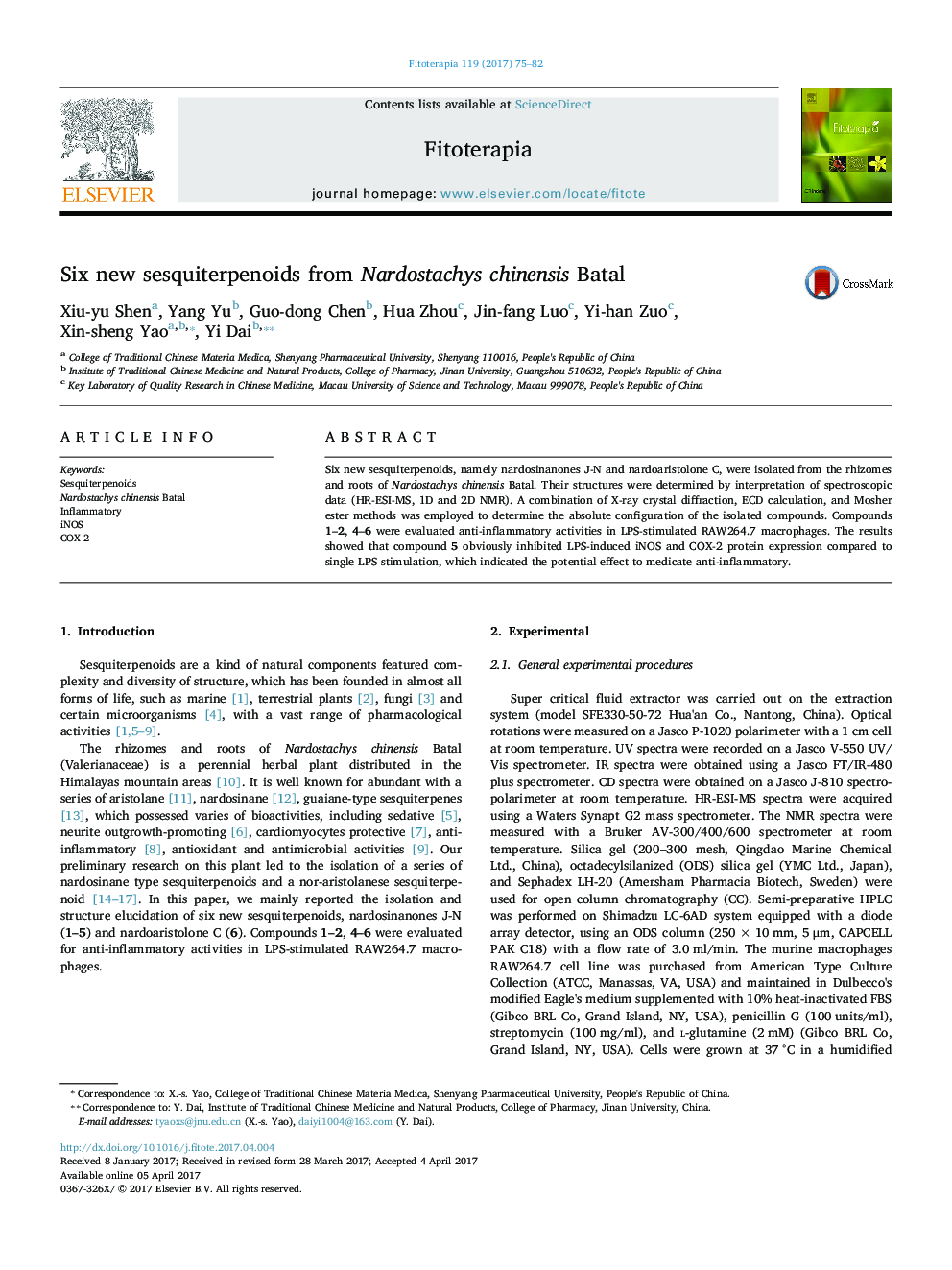 Six new sesquiterpenoids from Nardostachys chinensis Batal