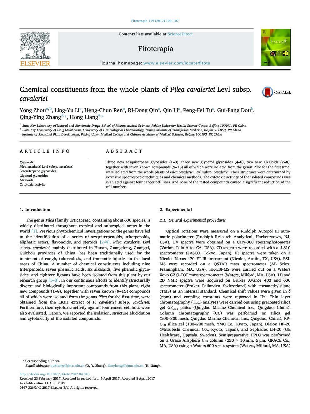 Chemical constituents from the whole plants of Pilea cavaleriei Levl subsp. cavaleriei