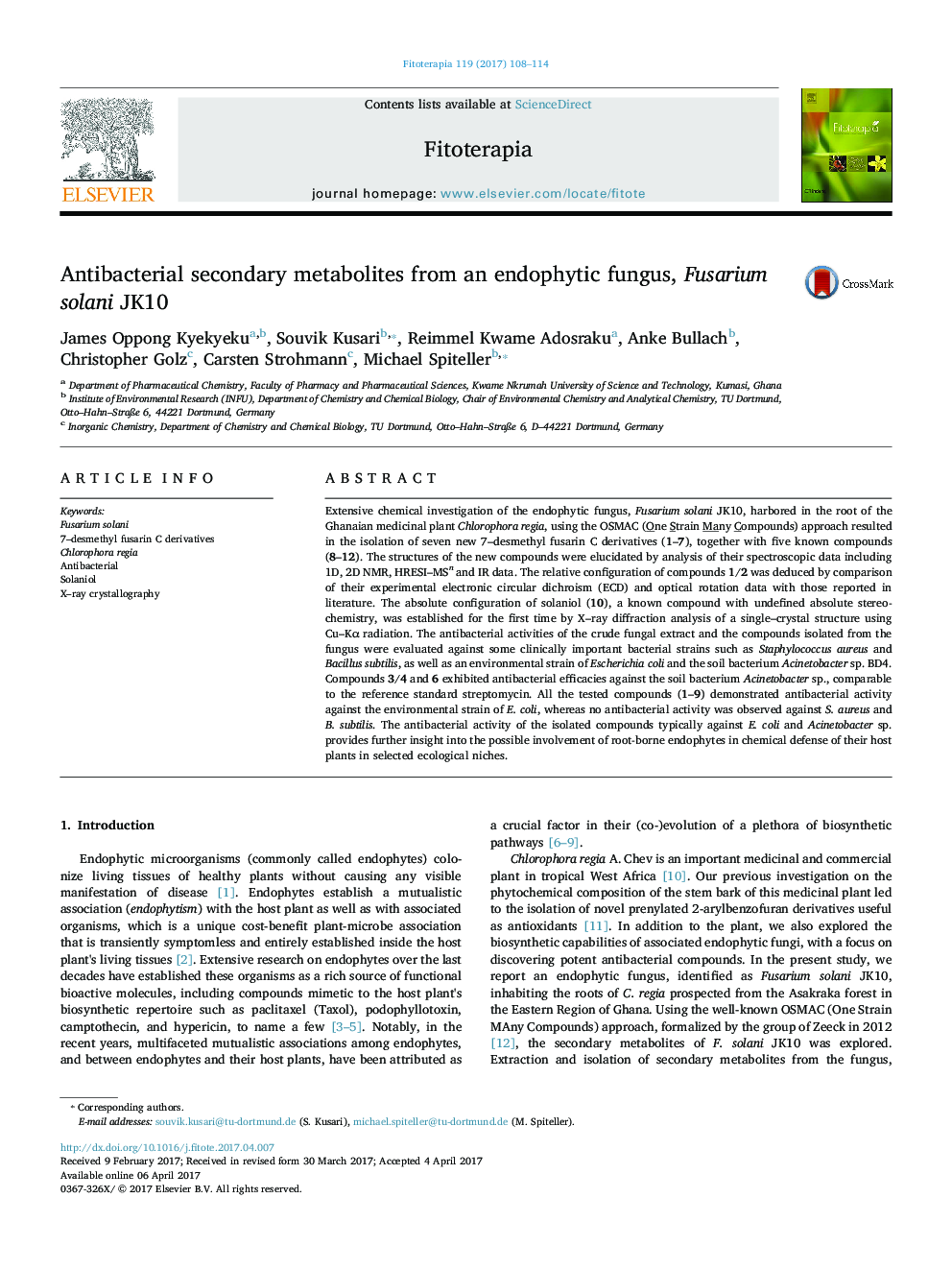 Antibacterial secondary metabolites from an endophytic fungus, Fusarium solani JK10