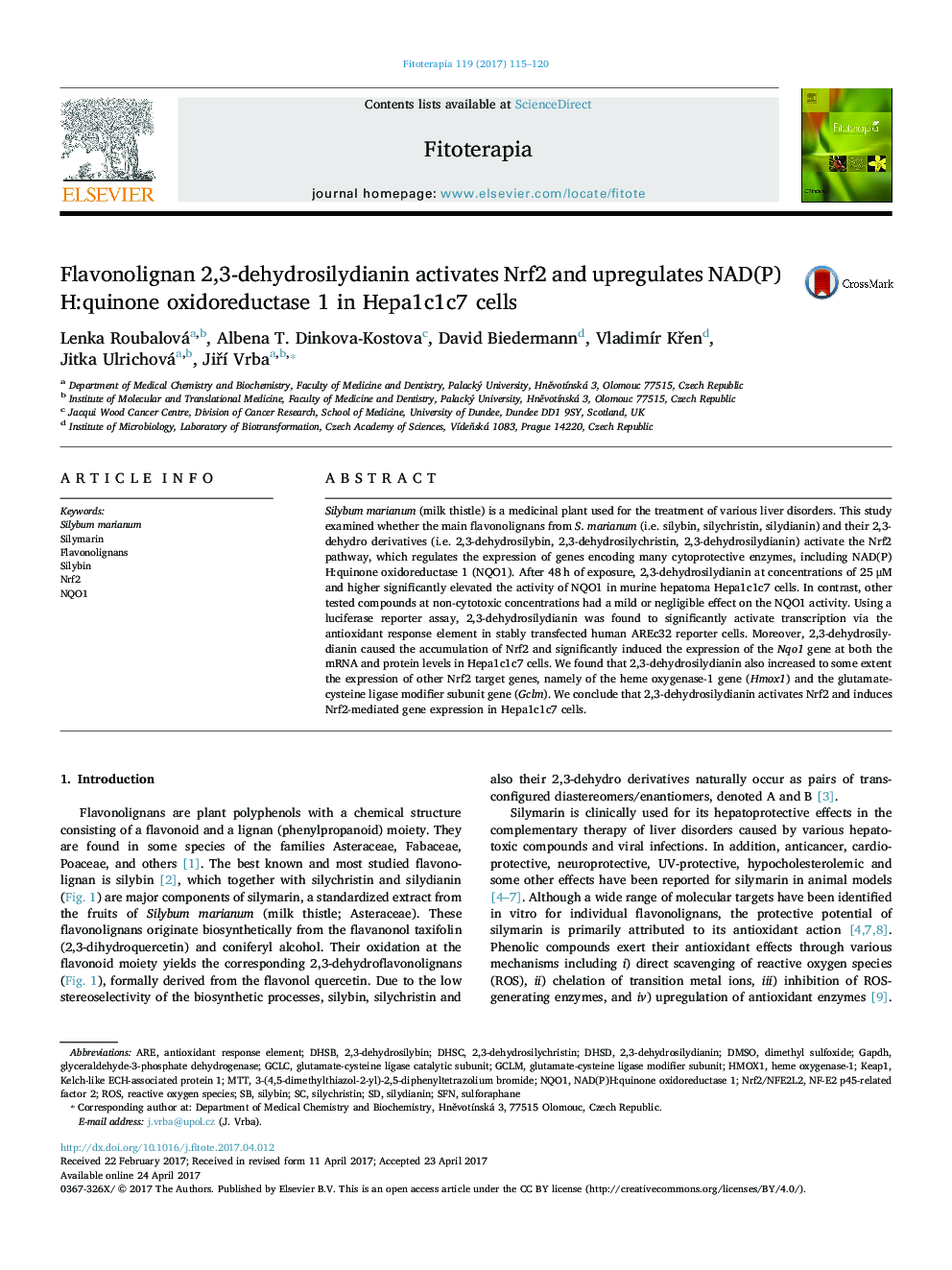 Flavonolignan 2,3-dehydrosilydianin activates Nrf2 and upregulates NAD(P)H:quinone oxidoreductase 1 in Hepa1c1c7 cells