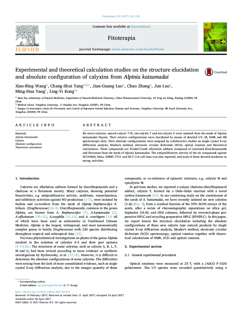 Experimental and theoretical calculation studies on the structure elucidation and absolute configuration of calyxins from Alpinia katsumadai