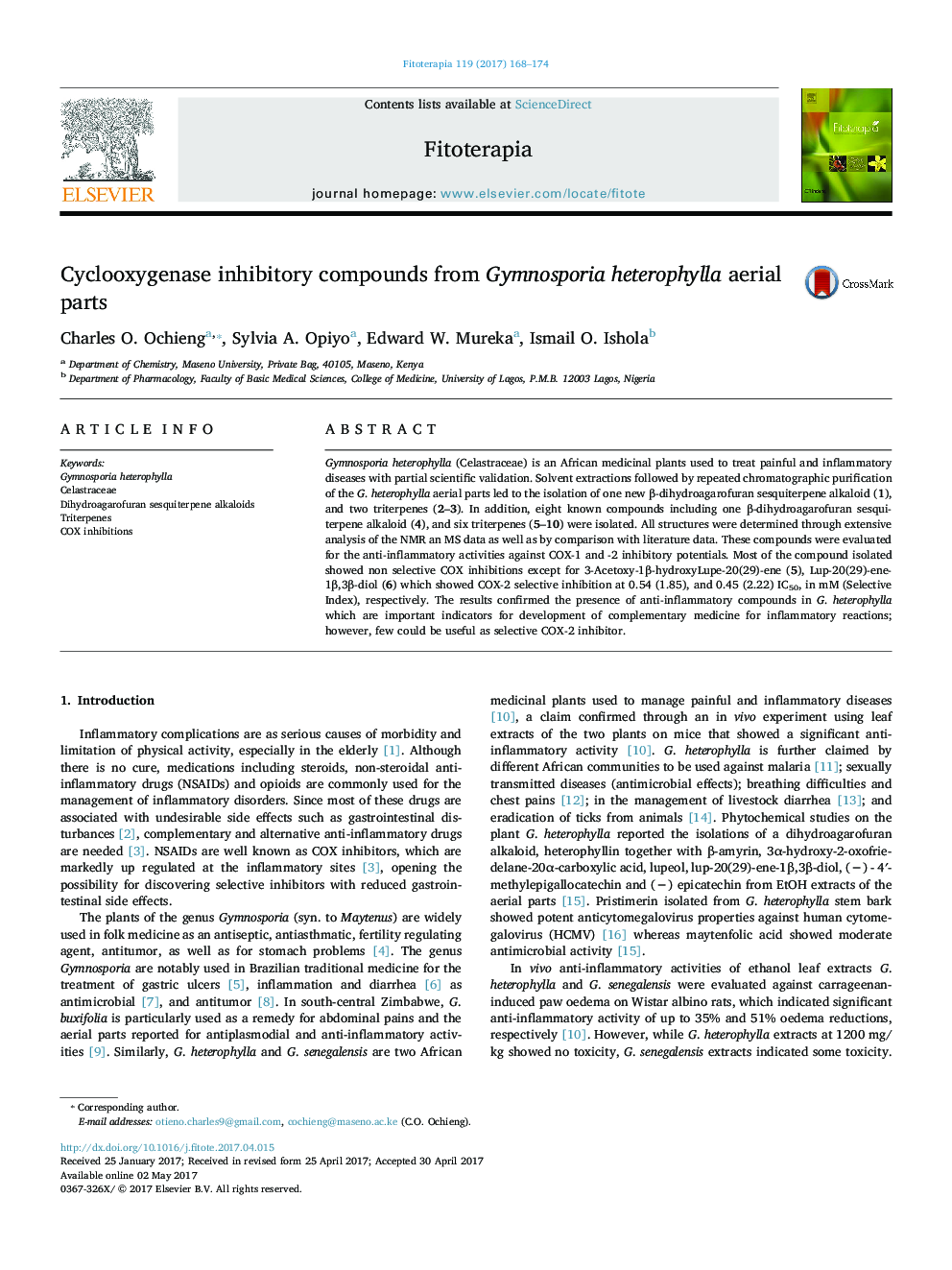 Cyclooxygenase inhibitory compounds from Gymnosporia heterophylla aerial parts