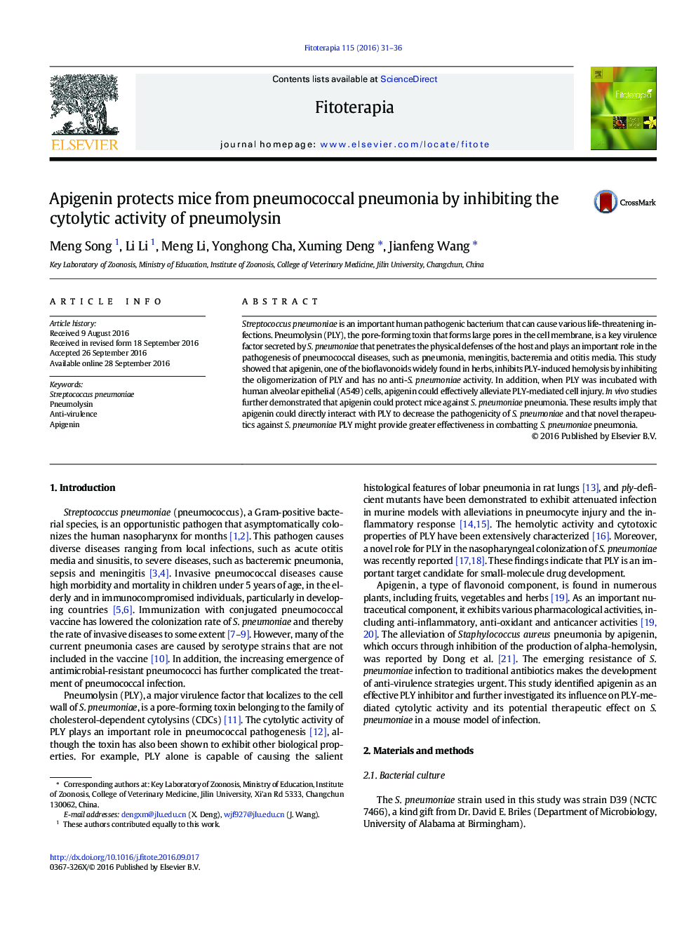 Apigenin protects mice from pneumococcal pneumonia by inhibiting the cytolytic activity of pneumolysin