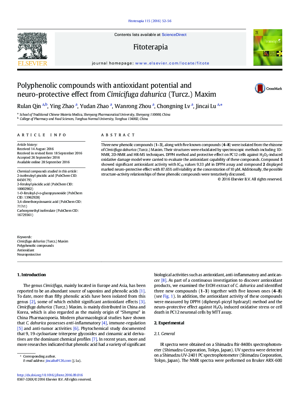 Polyphenolic compounds with antioxidant potential and neuro-protective effect from Cimicifuga dahurica (Turcz.) Maxim